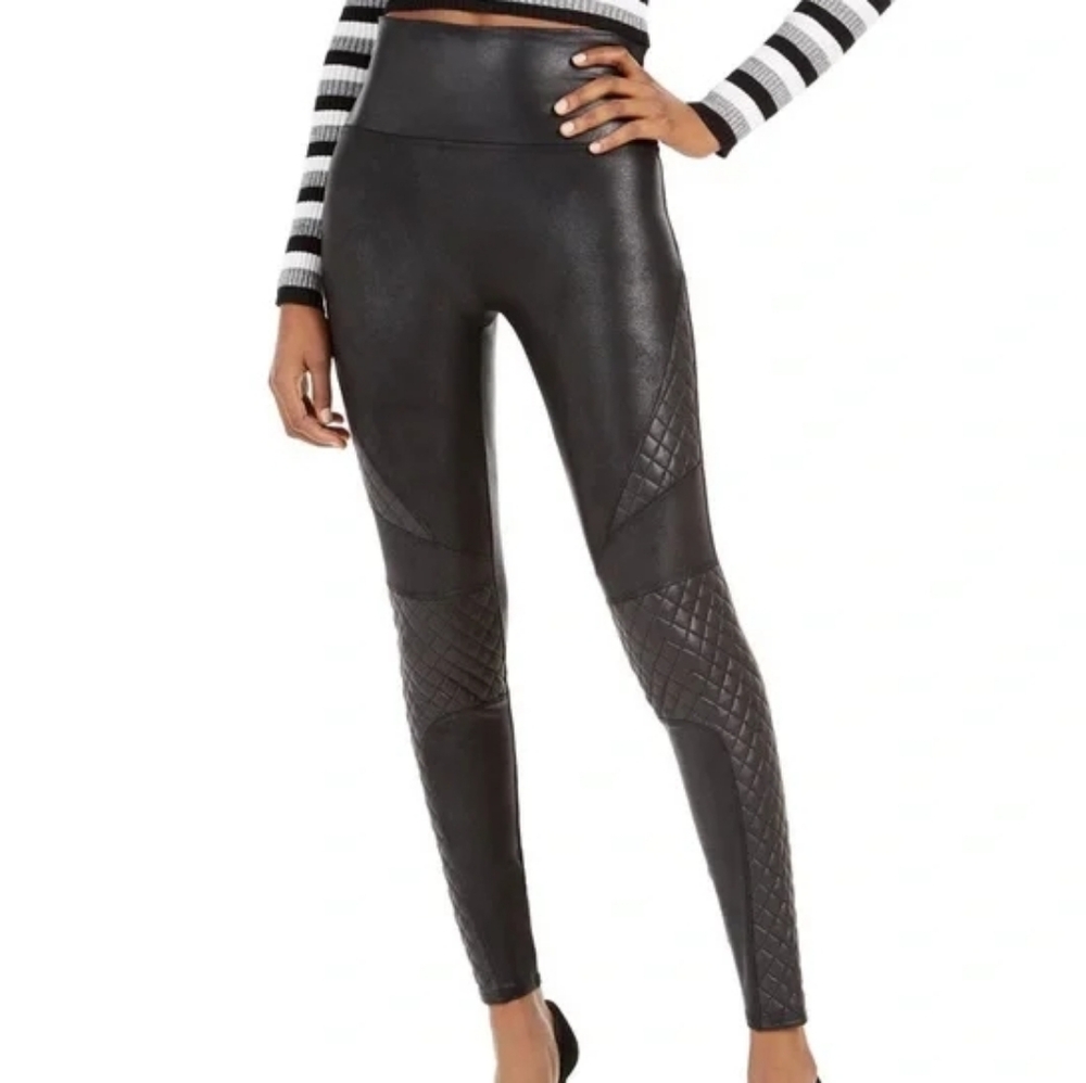 Spanx Black Wetlook Quilted Nylon Faux Leather Moto Skin Tight Legging XS
